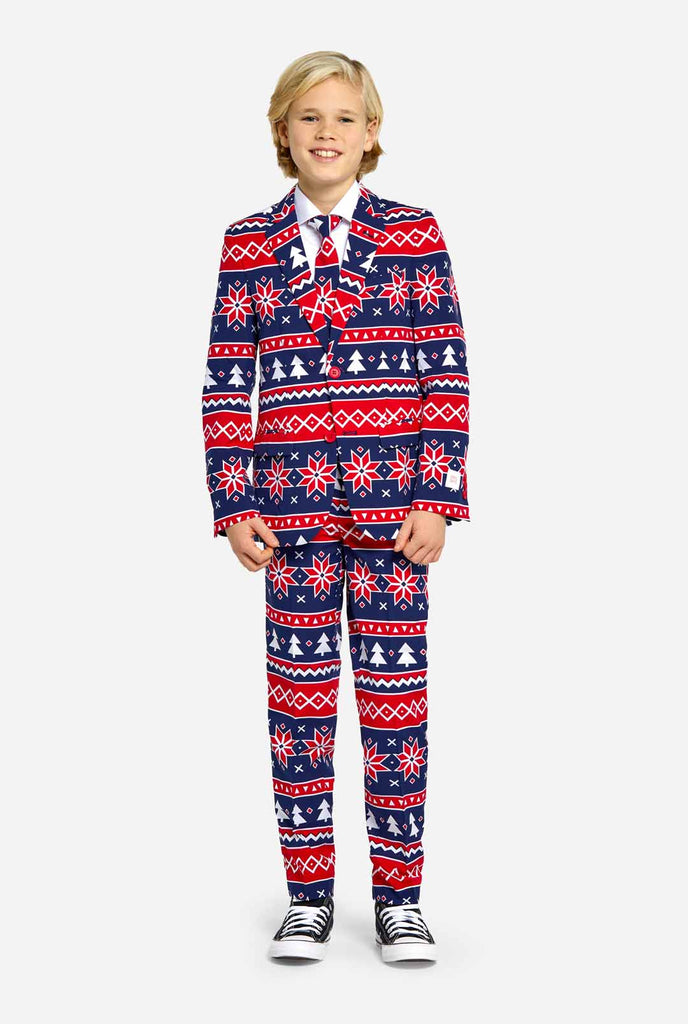 Teen wearing Christmas suit with Nordic print