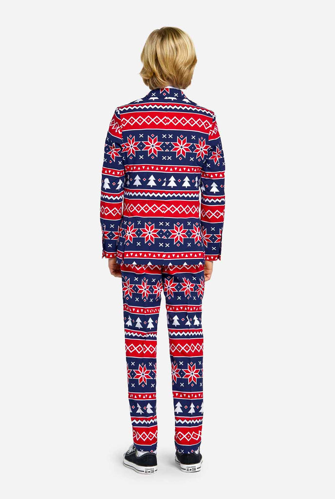 Teen wearing Christmas suit with Nordic print
