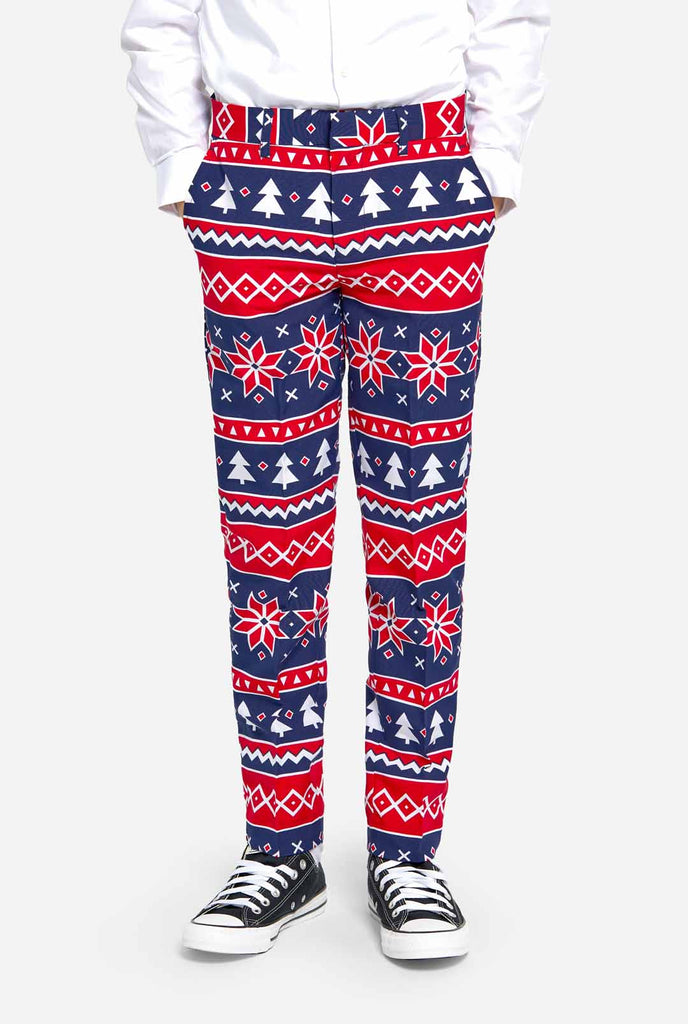Teen wearing Christmas suit with Nordic print
