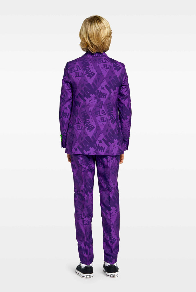 Teen wearing purple boys suits with The Joker Batman theme