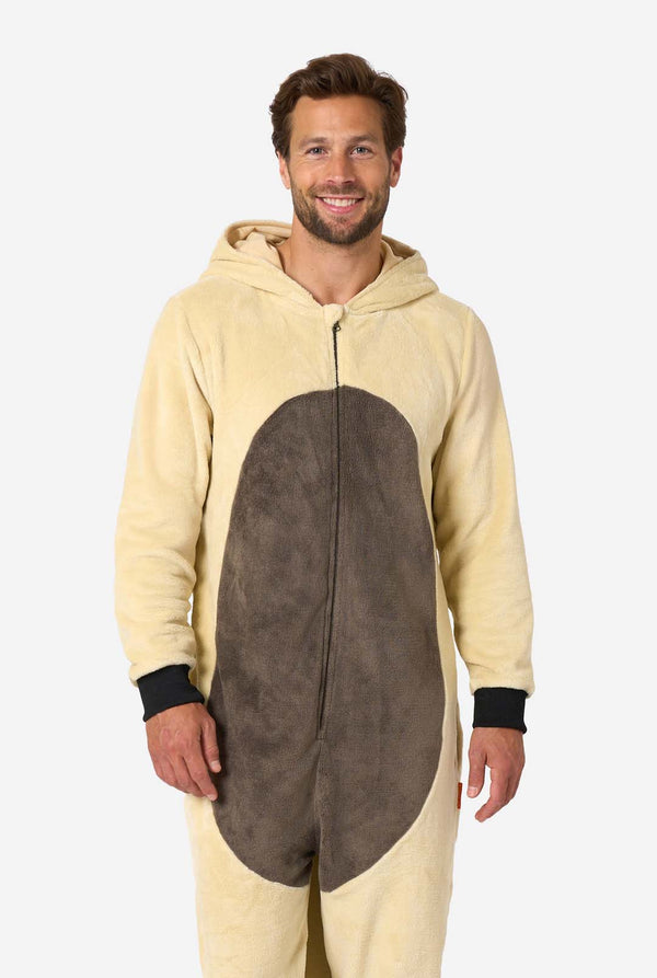 Man wearing a beige and brown fleece Appa onesie with hood featuring Appa’s face, horns, and brown belly patch.