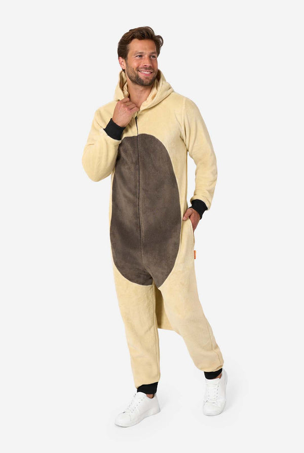 Man wearing a beige and brown fleece Appa onesie with hood featuring Appa’s face, horns, and brown belly patch.