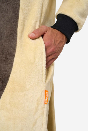 Man wearing a beige and brown fleece Appa onesie with hood featuring Appa’s face, horns, and brown belly patch.