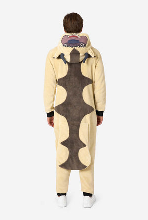 Man wearing a beige and brown fleece Appa onesie with hood featuring Appa’s face, horns, and brown belly patch.
