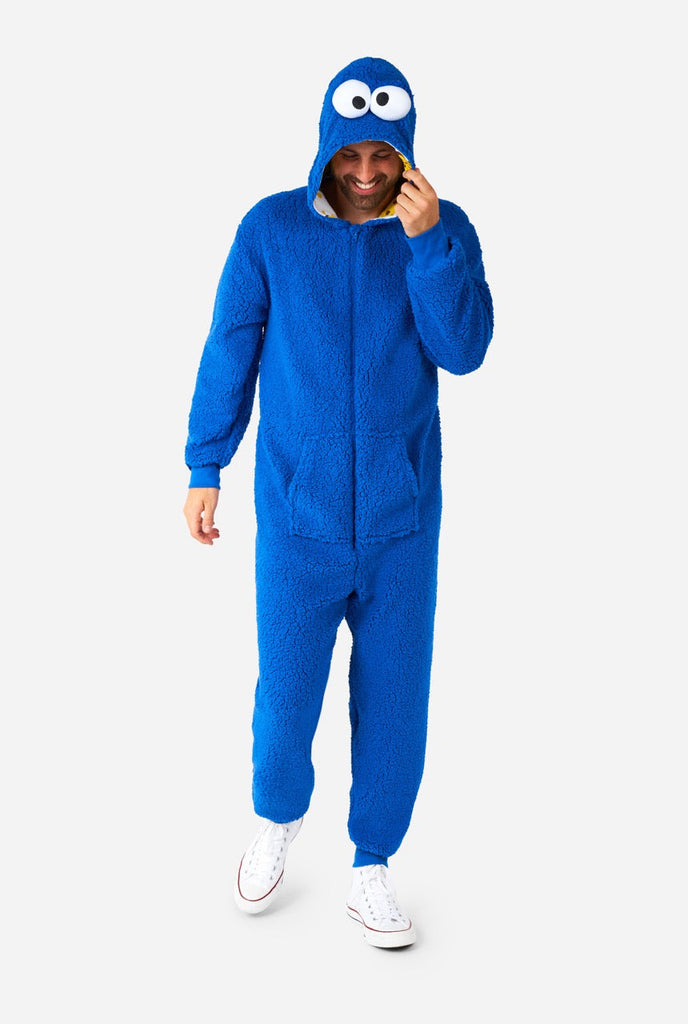 Man wearing blue pluche Cookie Monster onesie