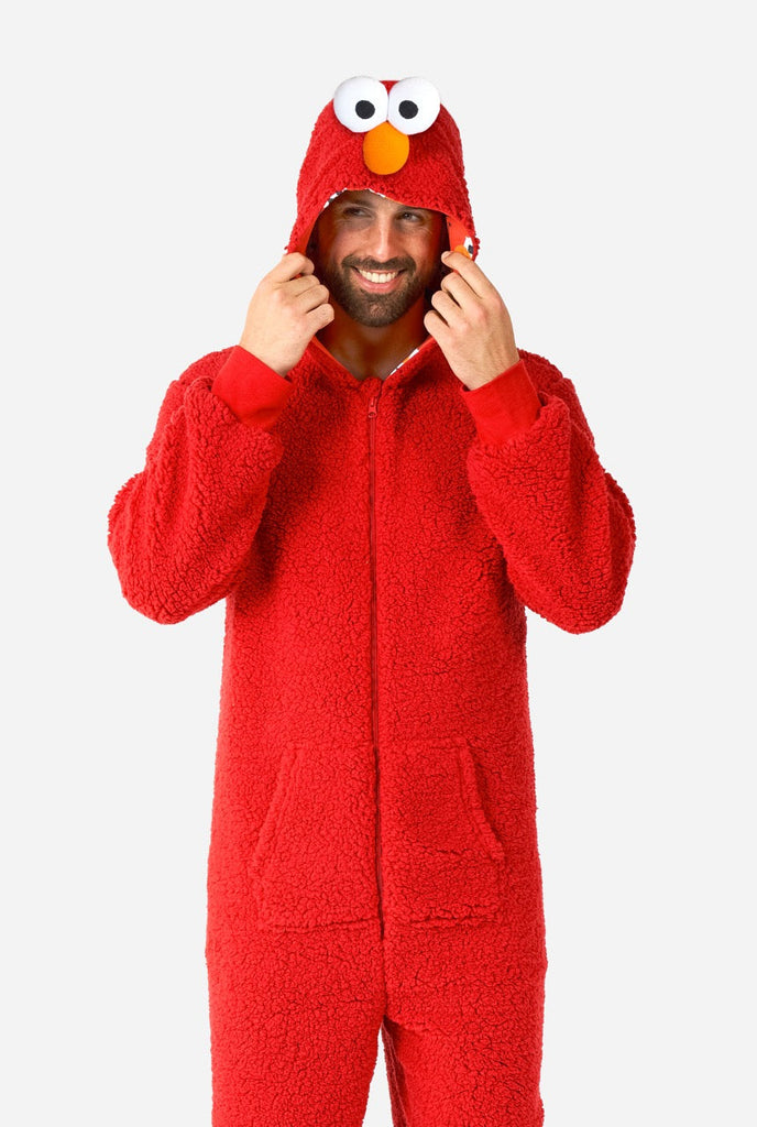 Men wearing red pluche Elmo onesie