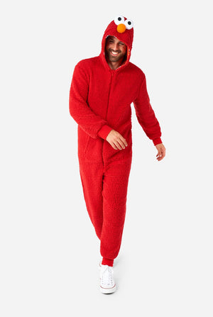 Men wearing red pluche Elmo onesie