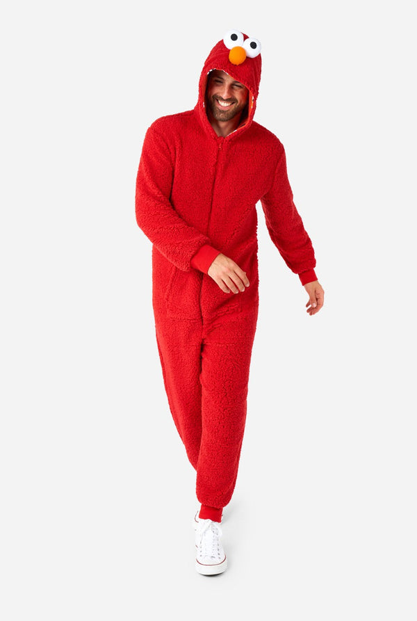 Men wearing red pluche Elmo onesie