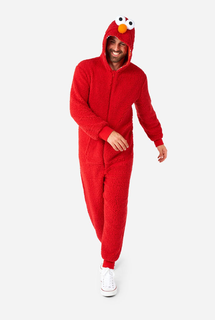 Men wearing red pluche Elmo onesie