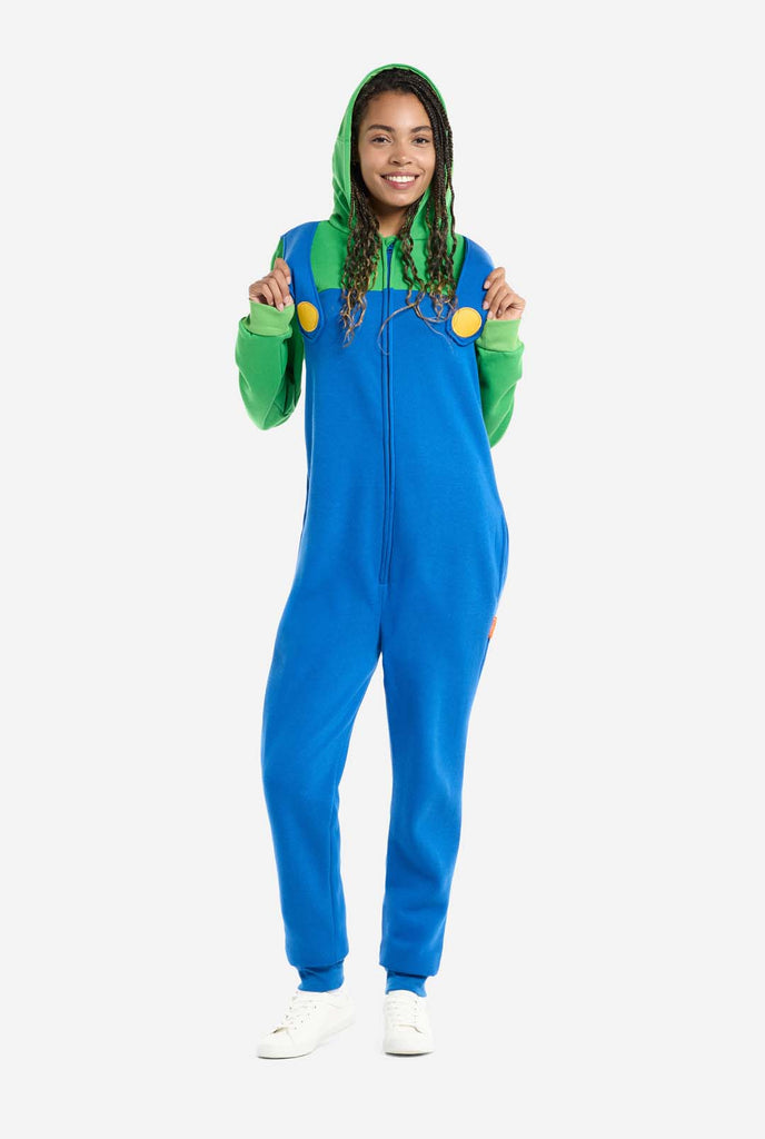 Woman wearing unisex adult onesie with Luigi print