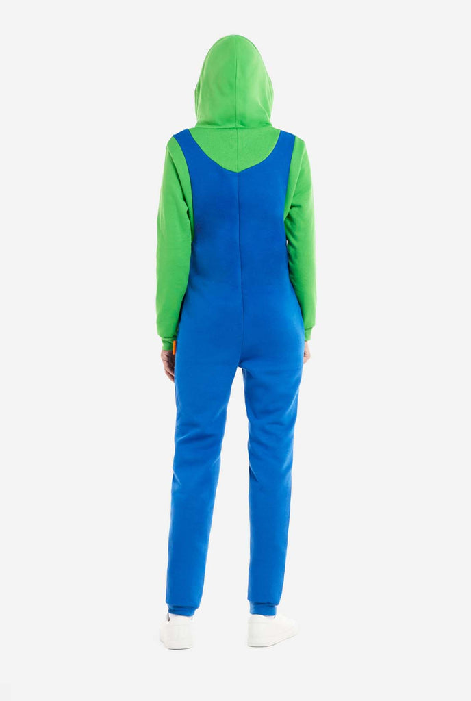Woman wearing unisex adult onesie with Luigi print, view from the back.