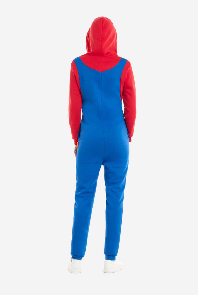 Woman wearing unisex adult onesie with Super Mario print, view from the back