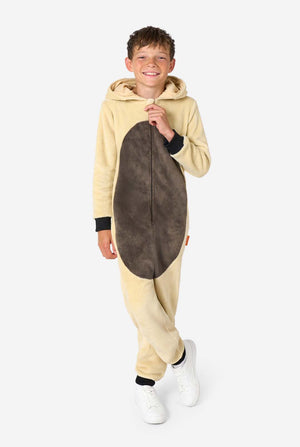 Child wearing a beige and brown Appa onesie on a white background