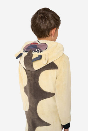 Child wearing a cartoon character Appa onesie hoodie with a white background