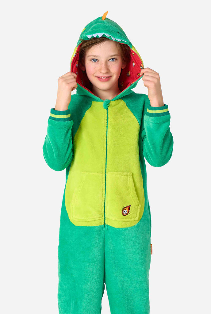 Kid is wearing green dino onesie for kids.