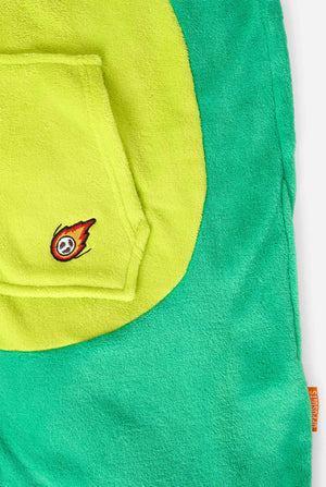 Kid is wearing green dino onesie for kids. Close up.