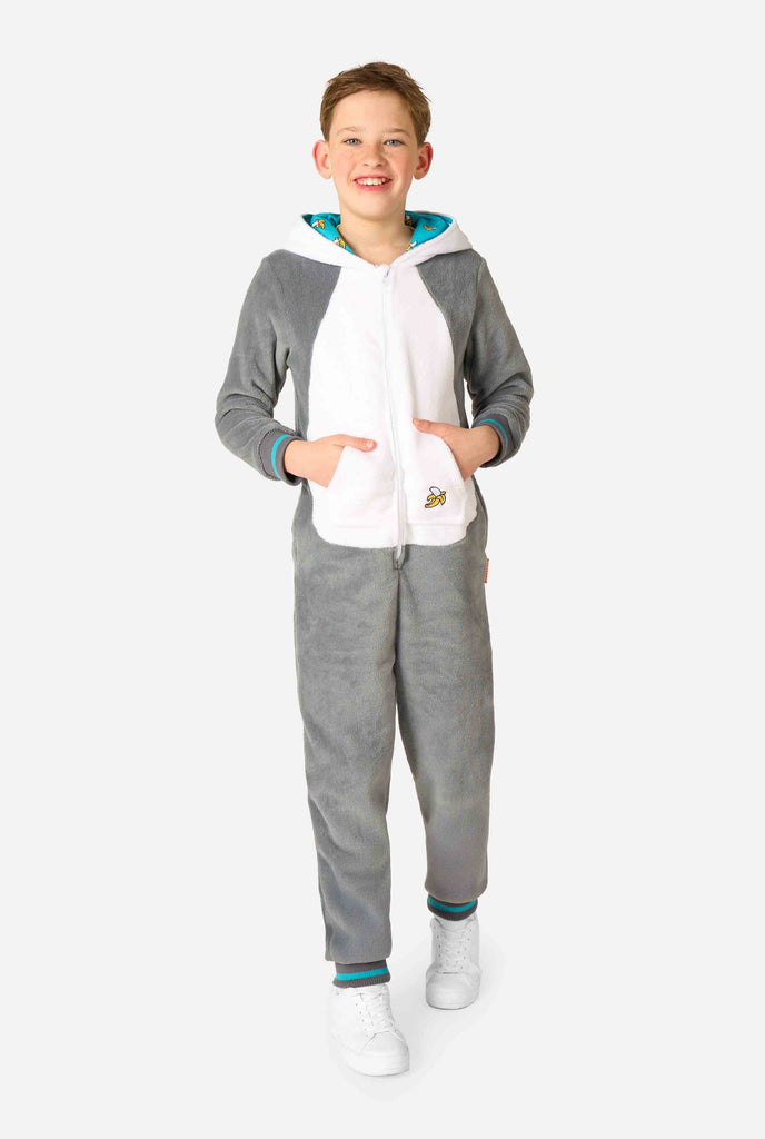 Child wearing a cozy unisex kids onesie designed as a lemur, featuring grey and white plush fabric, a hood with a cartoon lemur face and ears, and a playful banana print on the pocket. Full body image.