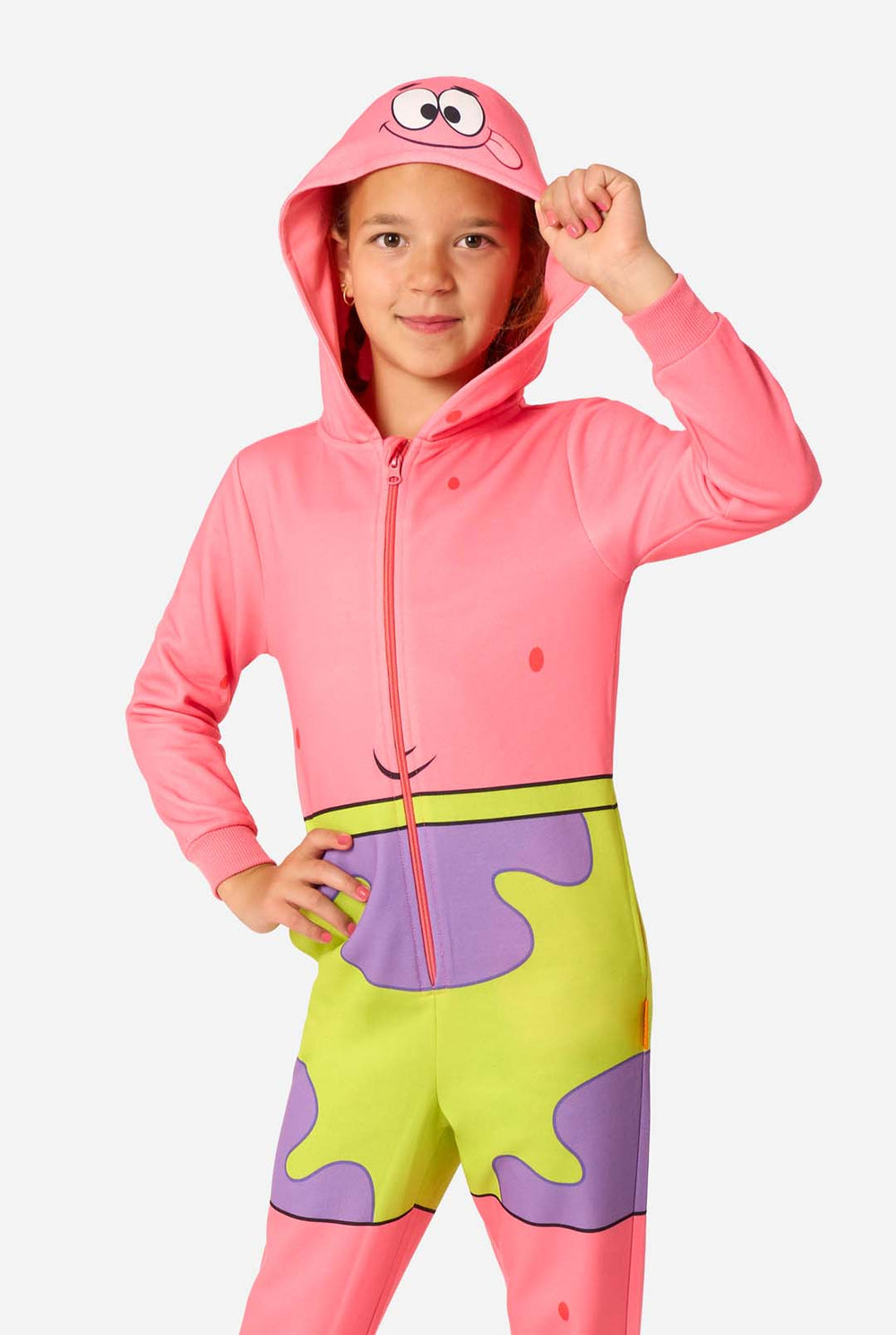 Child wearing a colorful SpongeBob Patrick Star onesie with a hood on a light background.