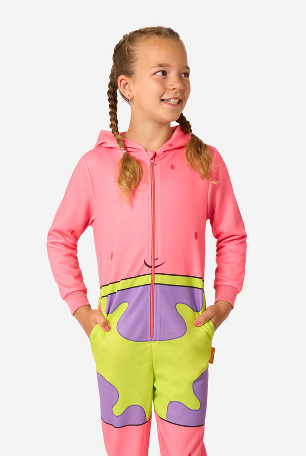 Child wearing a colorful SpongeBob Patrick Star onesie with a hood on a light background.
