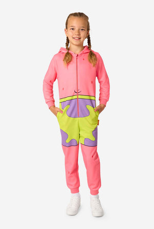 Child wearing a colorful SpongeBob Patrick Star onesie with a hood on a light background.