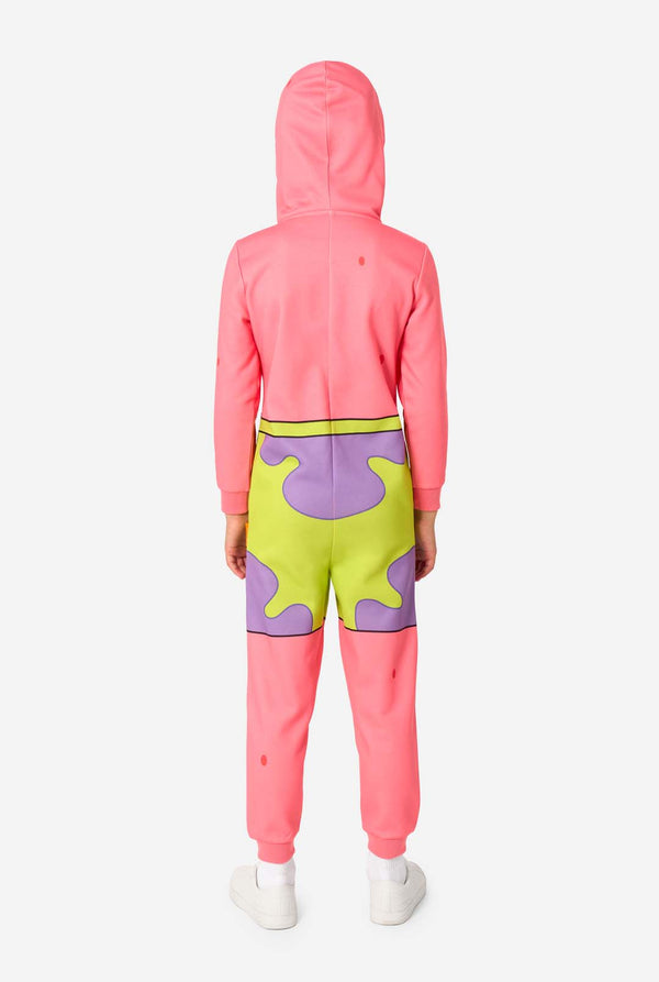 Child wearing a colorful SpongeBob Patrick Star onesie with a hood on a light background.
