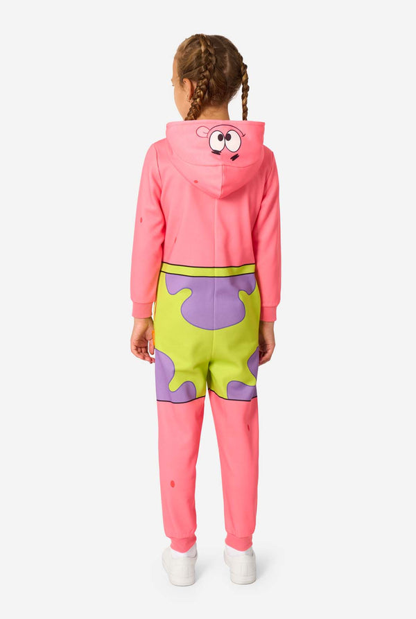 Child wearing a colorful SpongeBob Patrick Star onesie with a hood on a light background.