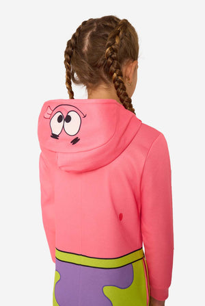Child wearing a colorful SpongeBob Patrick Star onesie with a hood on a light background.