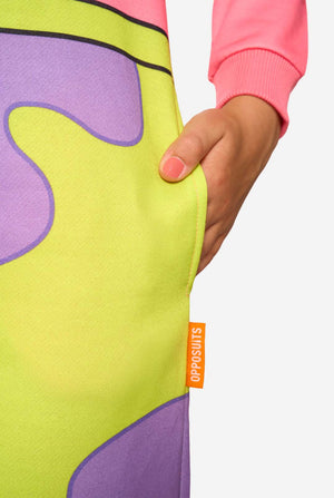 Child wearing a colorful SpongeBob Patrick Star onesie with a hood on a light background.