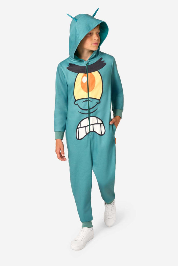 Child wearing a teal SpongeBob Plankton onesie on a light background