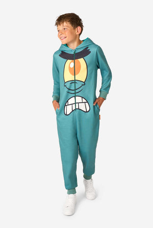 Child wearing a teal SpongeBob Plankton onesie on a light background