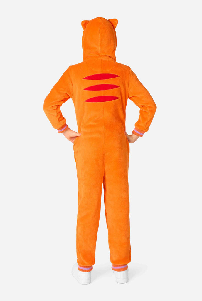 Child wearing a playful unisex kids onesie designed as a red-orange cat, featuring a hood with a cartoon cat face, ears, and a light beige belly panel, against a plain background. Showing the back of the onesie.