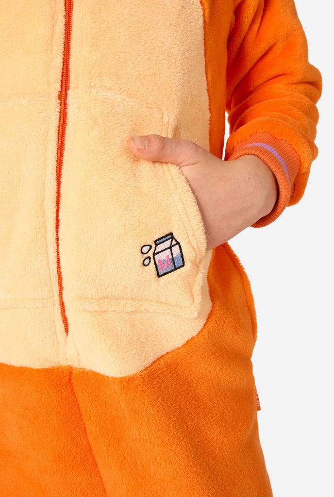 Child wearing a playful unisex kids onesie designed as a red-orange cat, featuring a hood with a cartoon cat face, ears, and a light beige belly panel, against a plain background. Focused on a hand in a pocket.