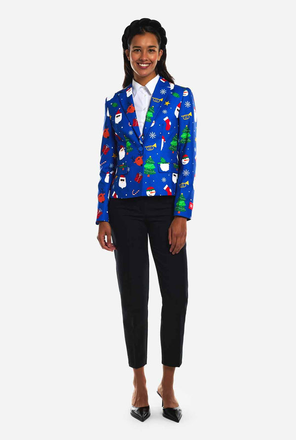 Woman wearing blue Christmas blazer for women, with Christmas icons on it.