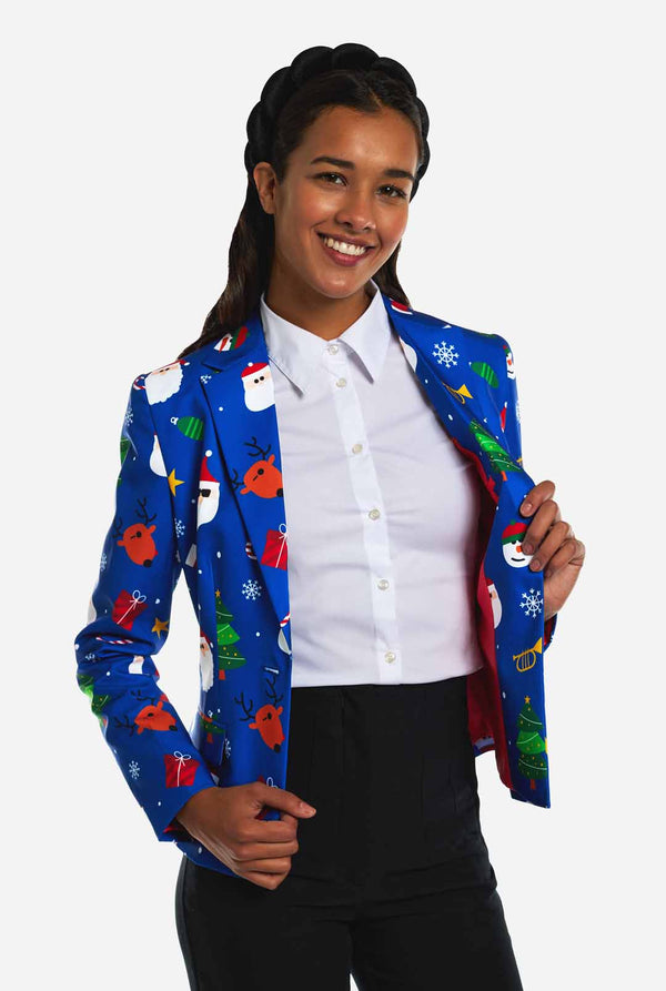 Woman wearing blue Christmas blazer for women, with Christmas icons on it.