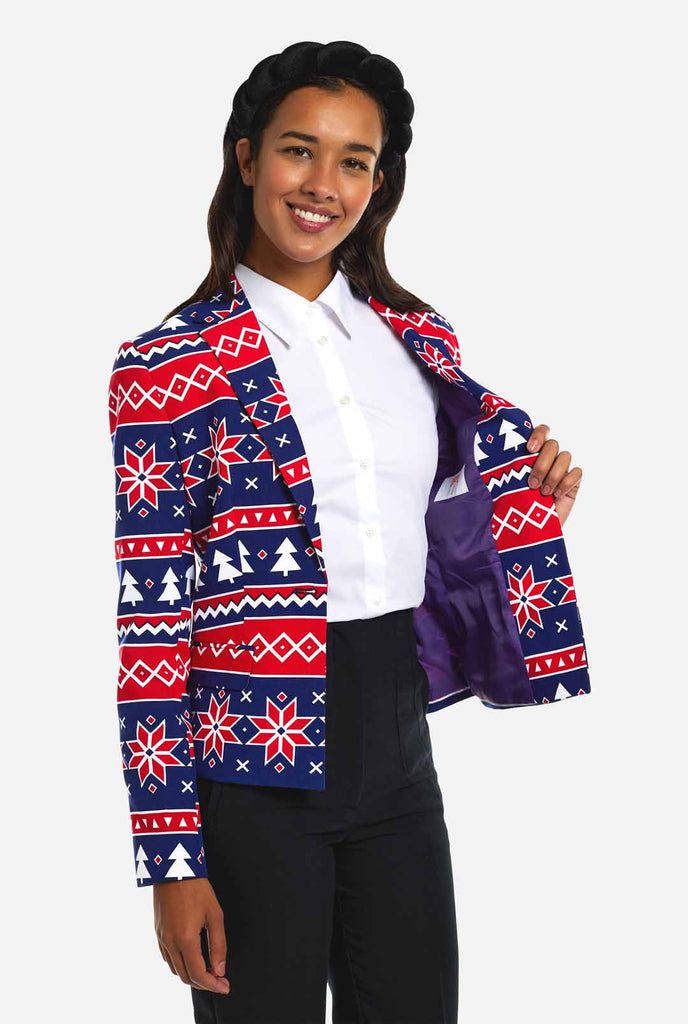 Woman wearing Christmas blazer with Nordic print