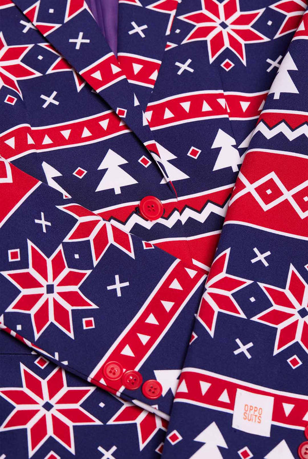 Woman wearing Christmas blazer with Nordic print