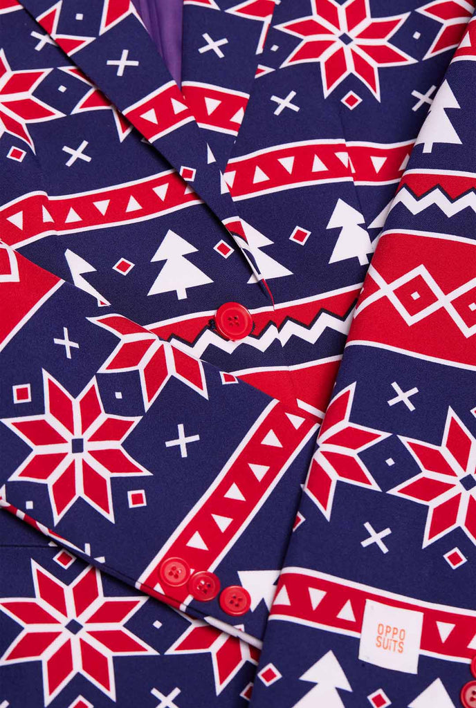 Woman wearing Christmas blazer with Nordic print