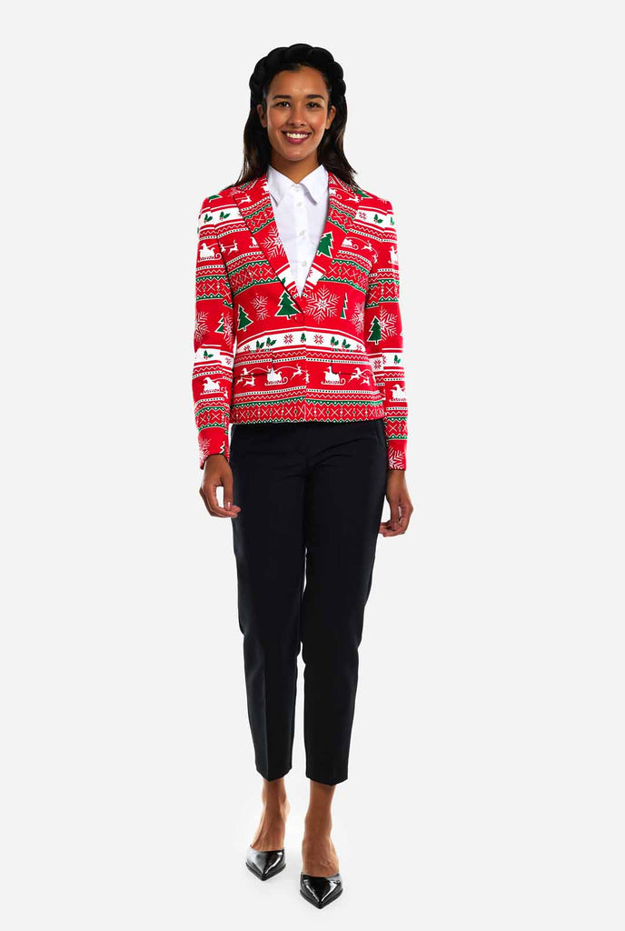 Woman wearing Christmas blazer with Winter print