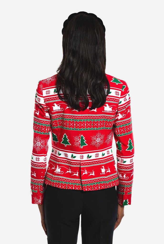 Woman wearing Christmas blazer with Winter print