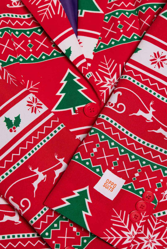 Woman wearing Christmas blazer with Winter print