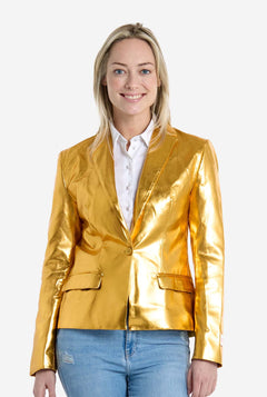 Woman wearing a shiny gold blazer over a white shirt on a white background