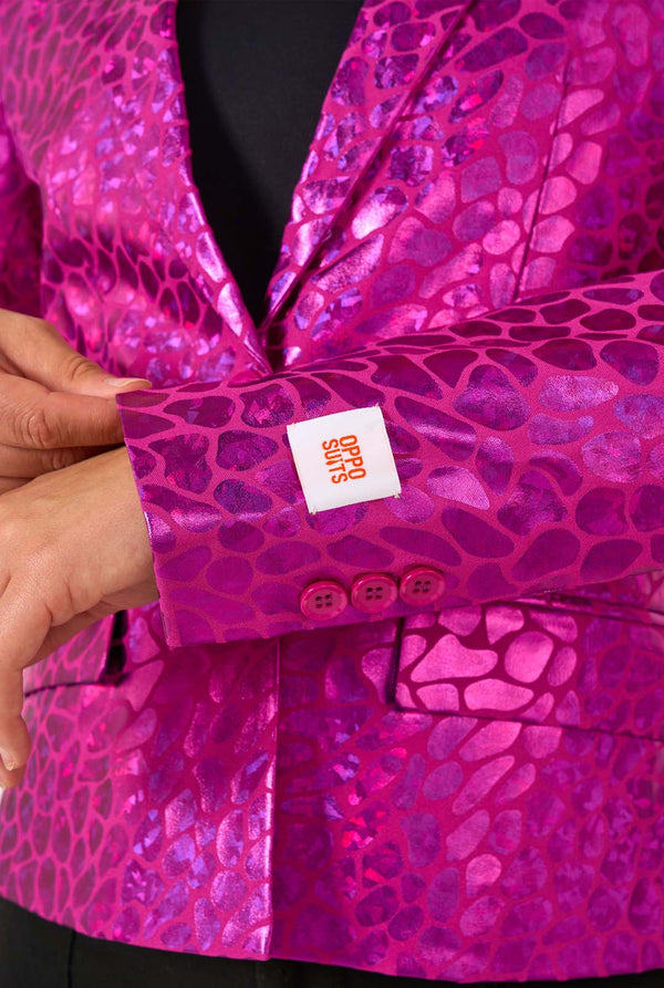 Close-up of the shiny hot-pink textured blazer sleeve, showing pink buttons and a white Opposuits label.