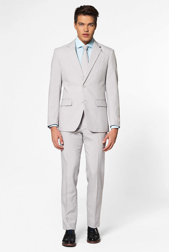 Solid color light grey men's suit Groovy Grey worn by men inside pocket