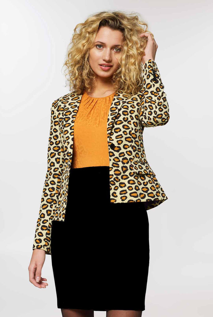 Woman wearing womens blazer with panther/ jaguar print