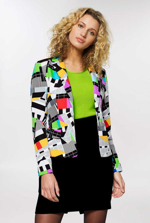 Woman wearing womens blazer with testscreen print