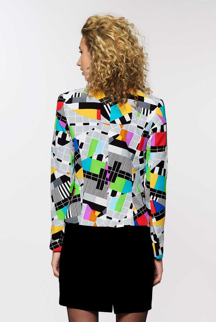 Woman wearing womens blazer with testscreen print