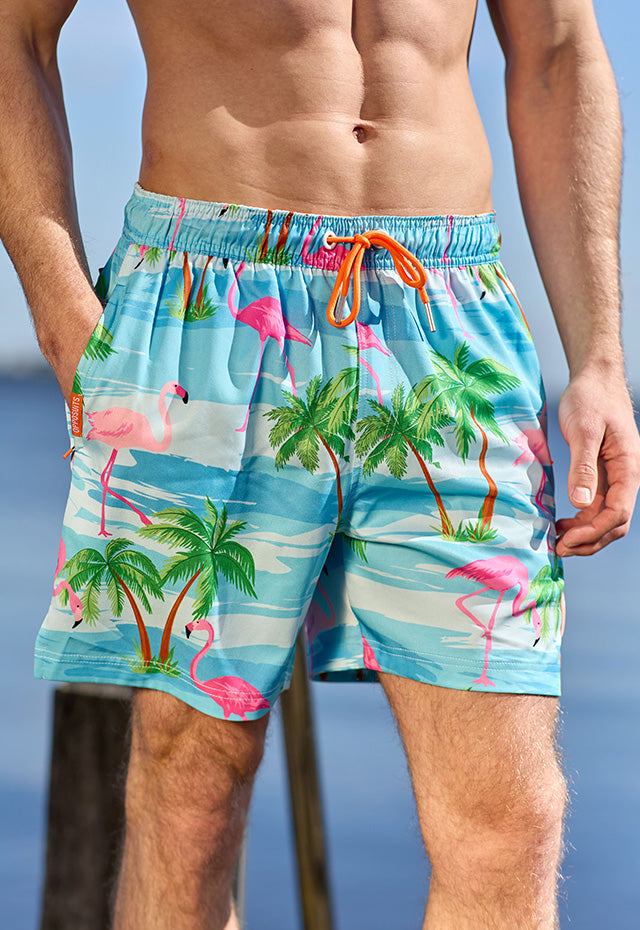 Man wearing Flaminguy tropical swim short