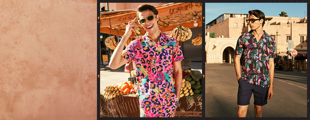 Image resembling camera negatives with one blank photo on the left, in the middle a man wearing a pink summer set and on the right a man wearing a purple tropical Hawaiian.