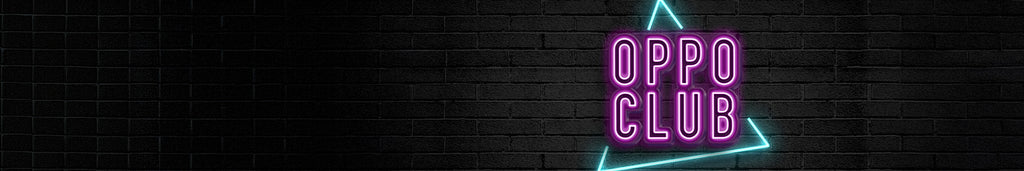Image resembling a black brick wall with the logo OppoClub in purple neon.