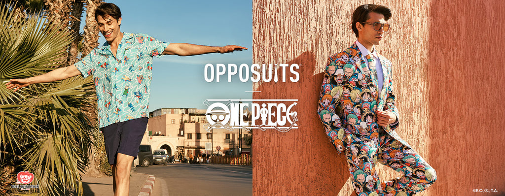 Image split in half with the text OppoSuits One piece in the middle. The right side shows a man in a One piece Hawaiian and the left side a man in a One Piece men suit.